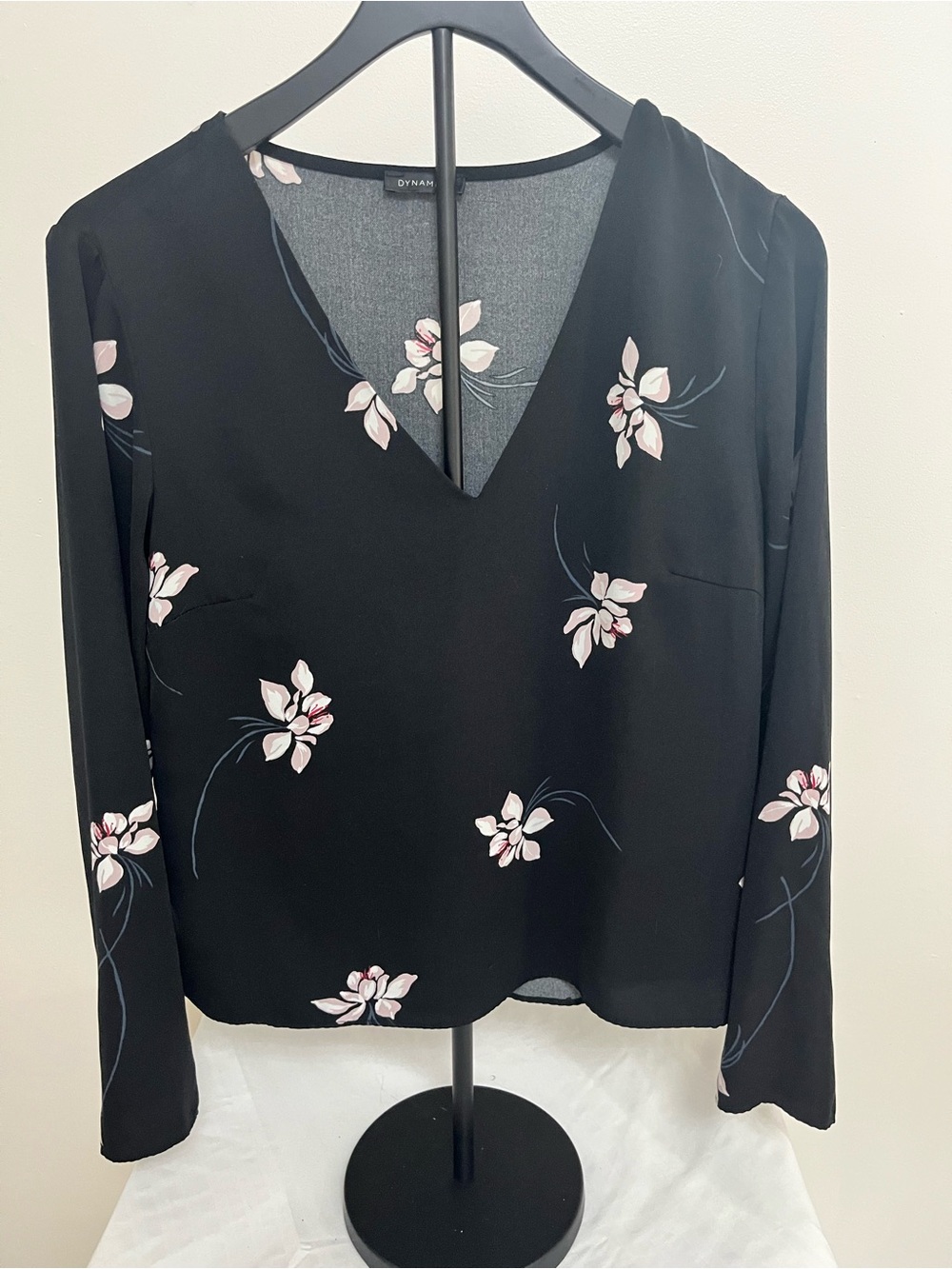 Dynamite Black V-Neck Floral Blouse with Pink Accents